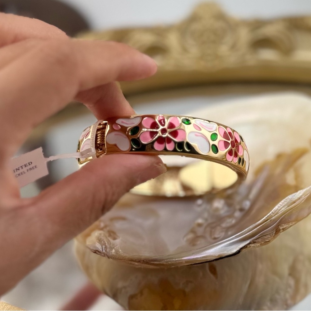 Hand Painted Floral Enamel Bangle with Gold Accents - Picture 12 of 13